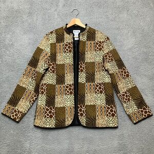VTG Blair Quilted Patchwork Open Jacket Women M Tan Animal Print Safari Cottage